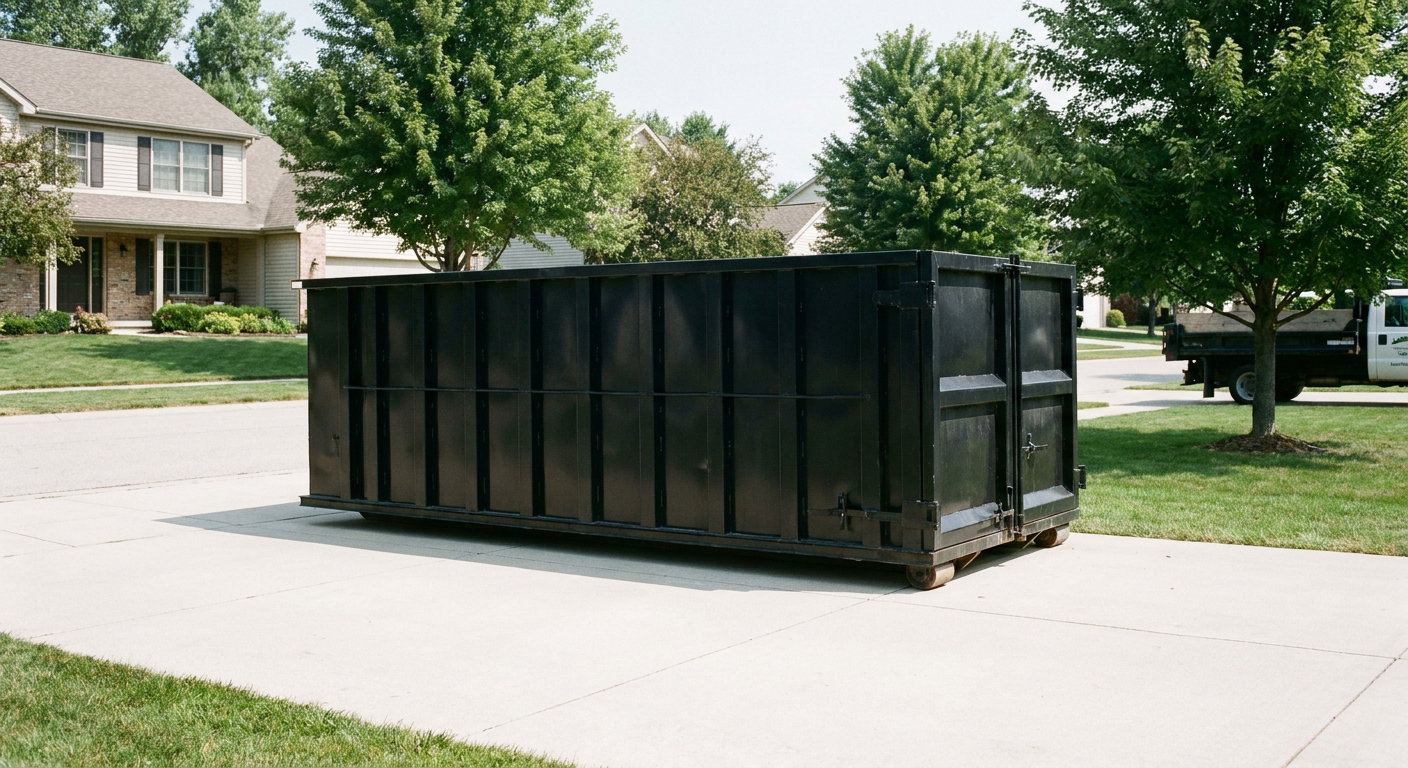 Matte-black 20-yard roll-off dumpster sitting level on a clean Auburn residential concrete driveway under bright daylight, demonstrating clean placement directly on the concrete.