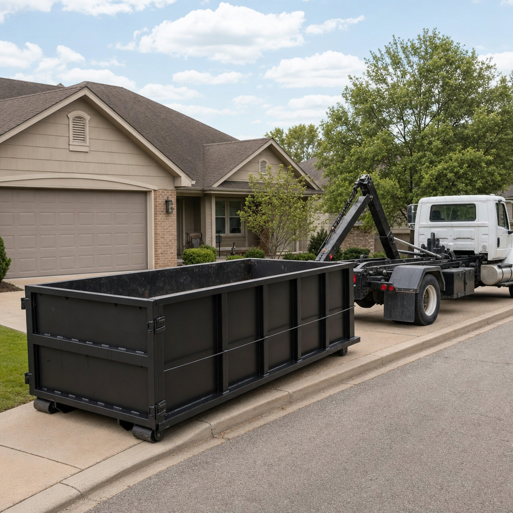 Wide documentary shot of a matte-black roll-off dumpster on a Auburn residential driveway in the foreground and a contractor jobsite container in the soft-focus background, bright daylight, calm and orderly composition.
