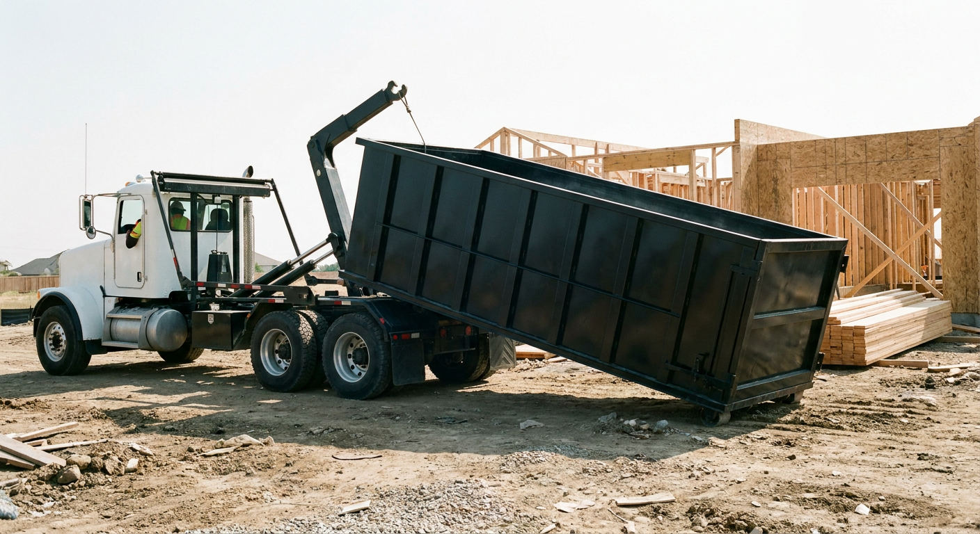 Matte-black roll-off dumpster being delivered onto a clean residential concrete driveway in Auburn by an unmarked white hooklift hauler truck, bright morning daylight, documentary 35mm perspective.